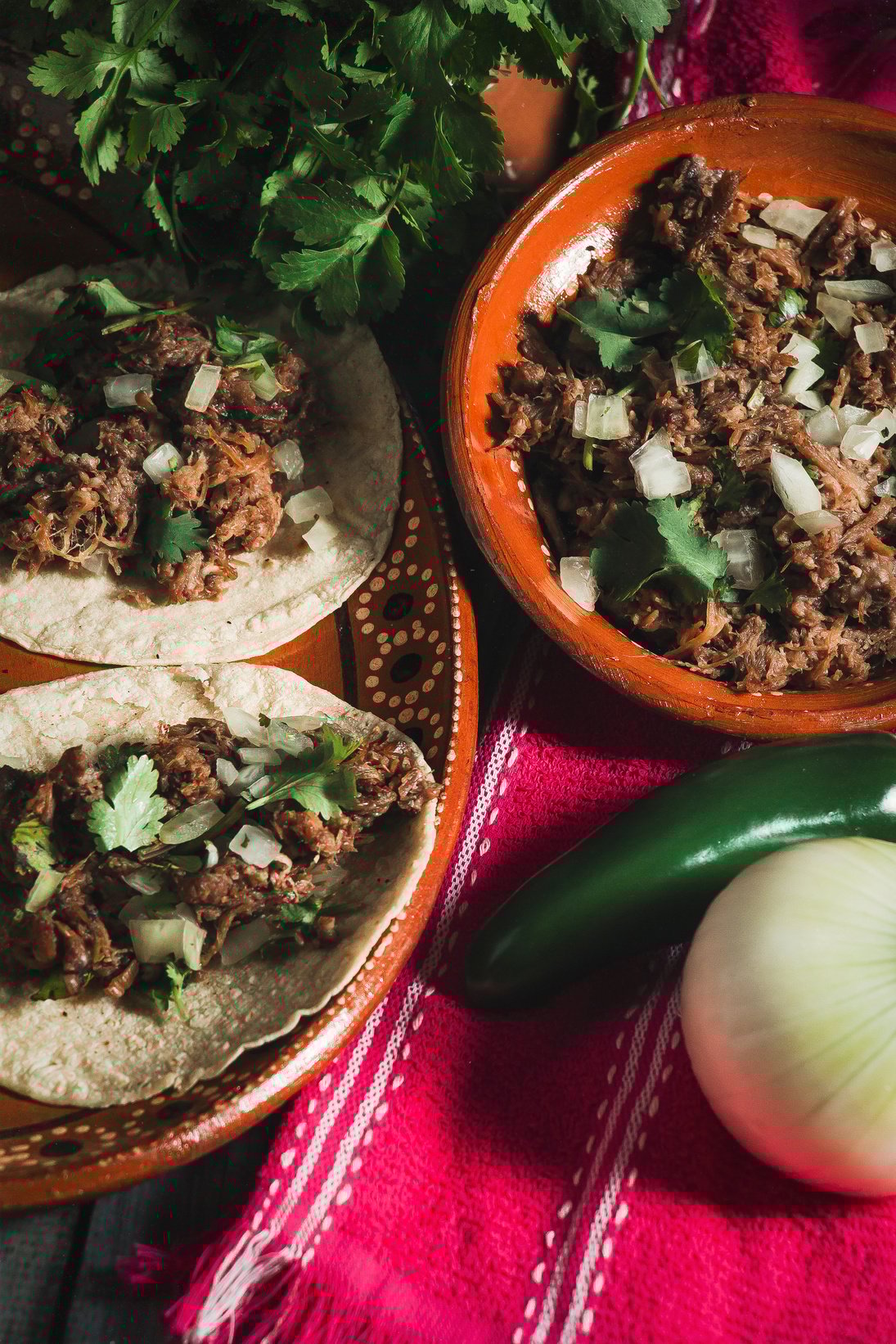 Tacos and Barbecue on Mexican Clay Plates on Pink Tablecloth